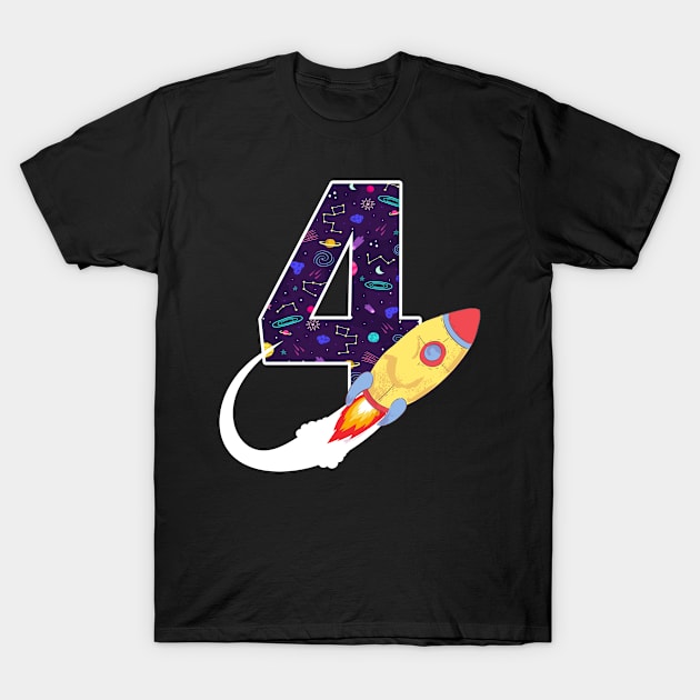 Outer Space 4 Year Old 4th Birthday Four Rocket Ship Party T-Shirt by ruffianlouse